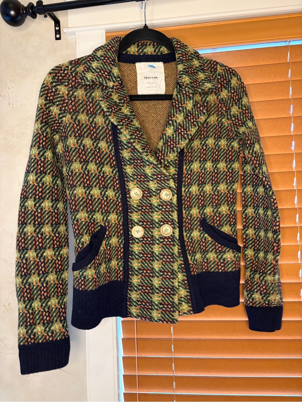 Anthropologie Sparrow Green Plaid Double-Breasted Wool Blazer Jacket